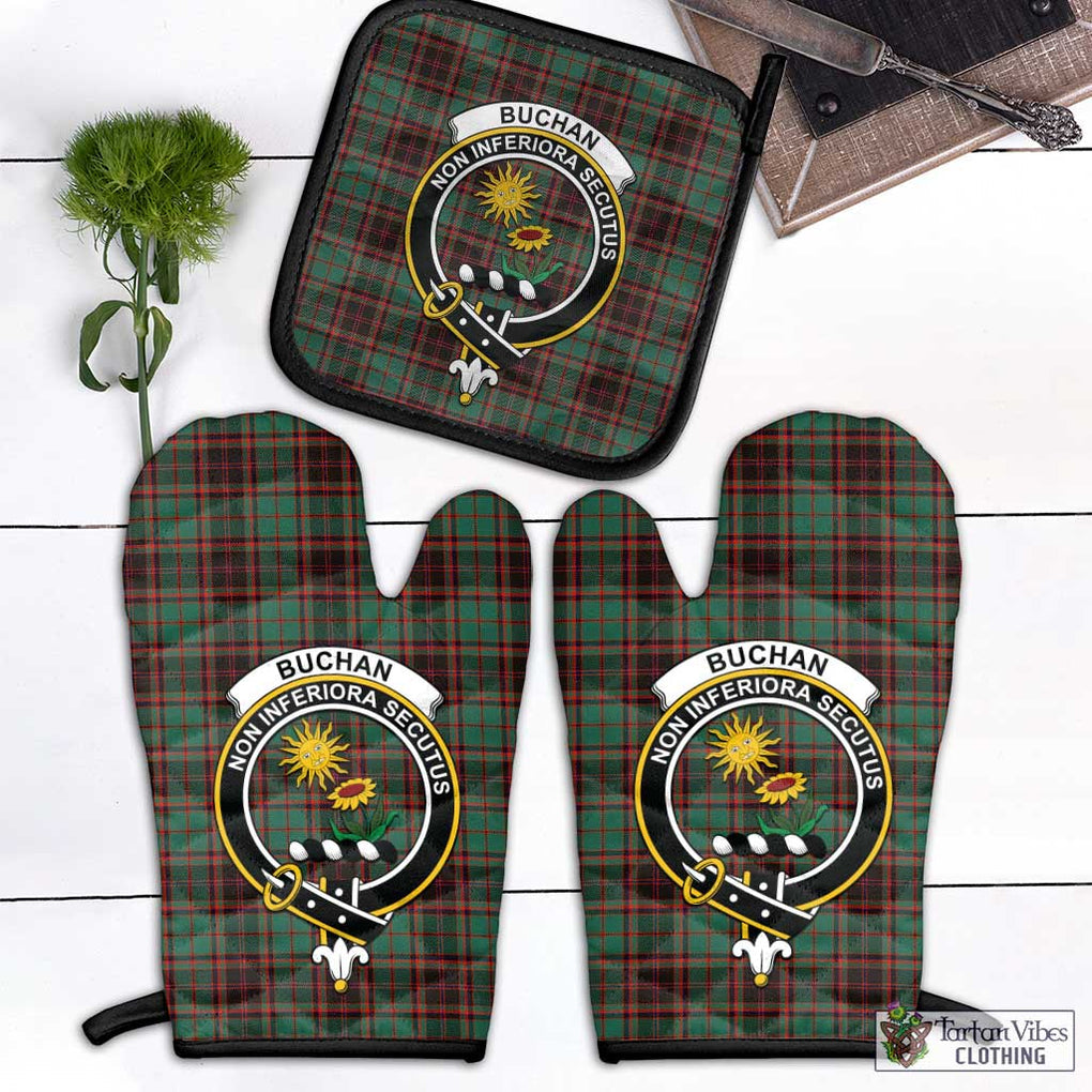 Buchan Ancient Tartan Combo Oven Mitt & Pot-Holder with Family Crest Combo 1 Oven Mitt & 1 Pot-Holder Black - Tartan Vibes Clothing