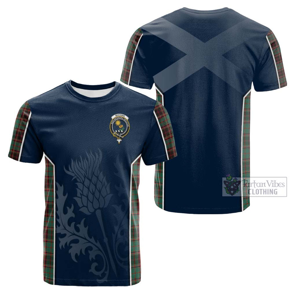 Tartan Vibes Clothing Buchan Ancient Tartan Cotton T-shirt with Family Crest and Scottish Thistle Vibes Sport Style