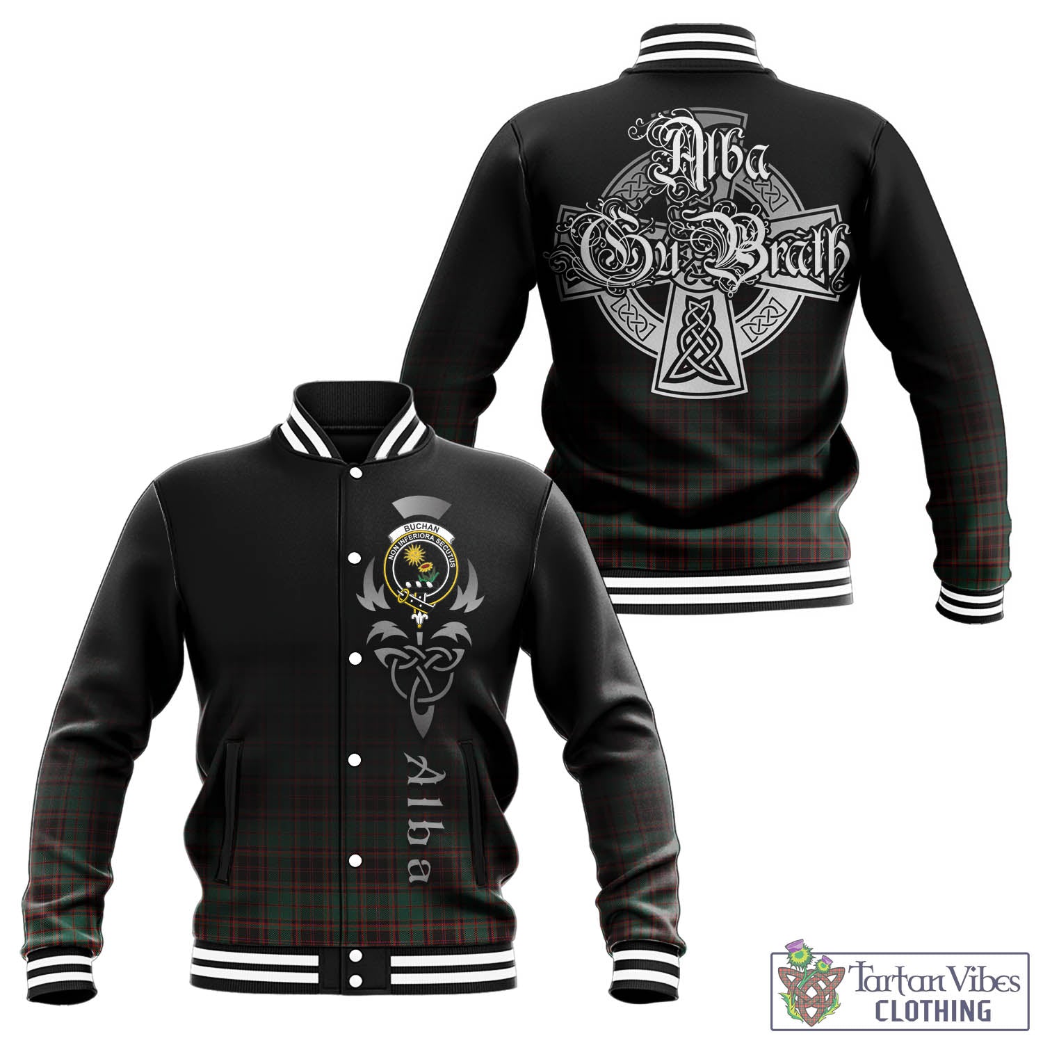 Tartan Vibes Clothing Buchan Ancient Tartan Baseball Jacket Featuring Alba Gu Brath Family Crest Celtic Inspired