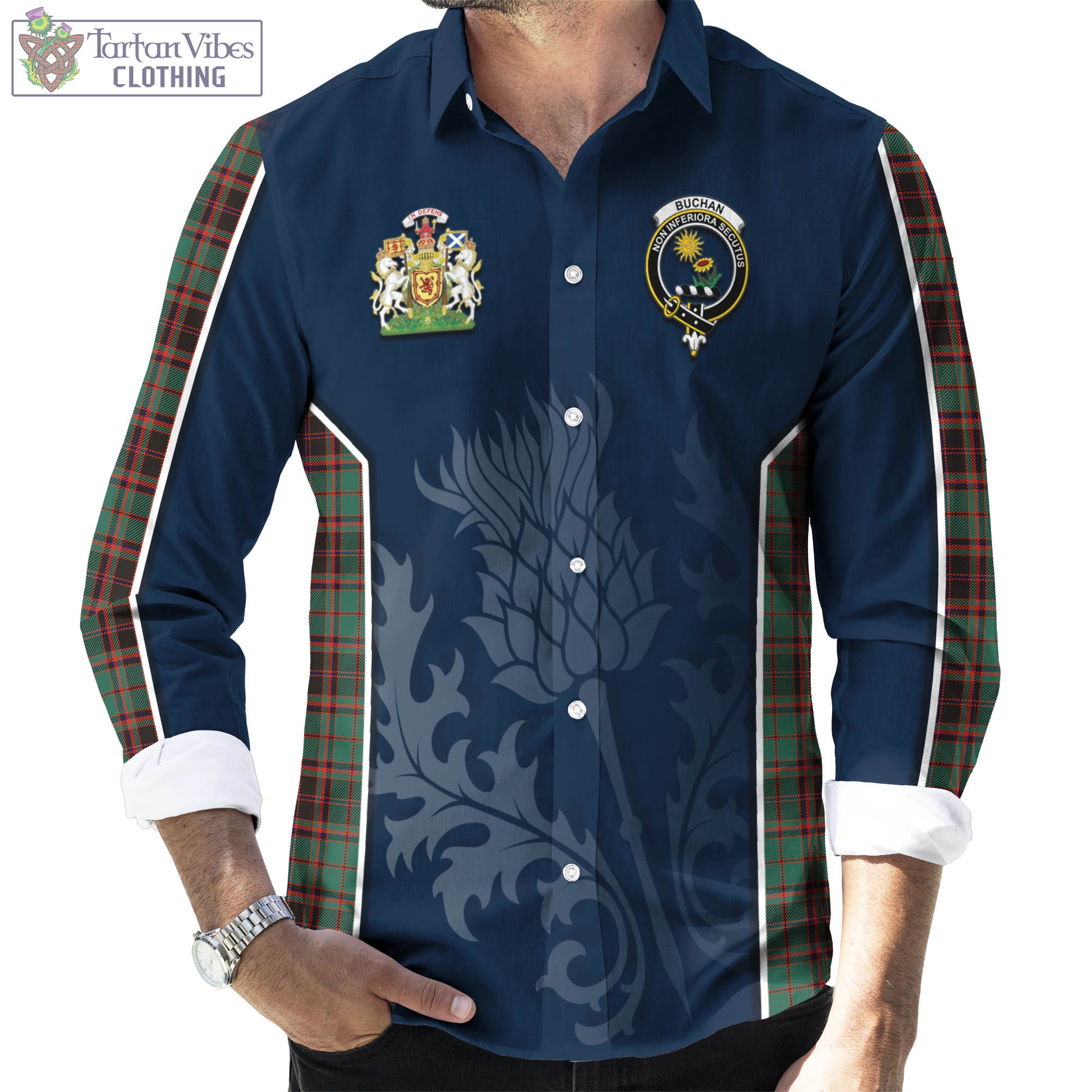 Tartan Vibes Clothing Buchan Ancient Tartan Long Sleeve Button Up Shirt with Family Crest and Scottish Thistle Vibes Sport Style