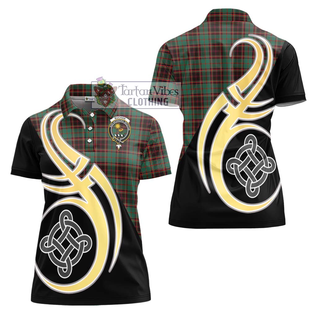 Buchan Ancient Tartan Women's Polo Shirt with Family Crest and Celtic Symbol Style - Tartan Vibes Clothing