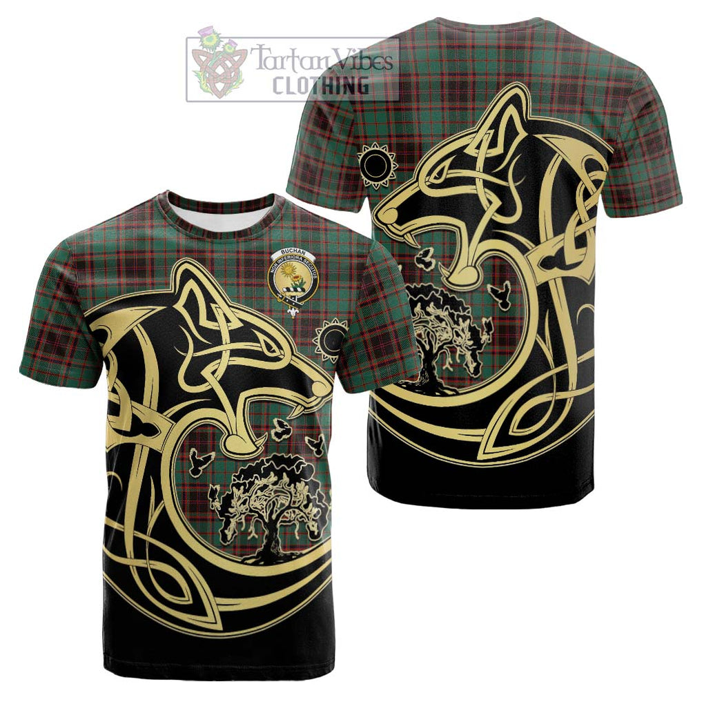 Tartan Vibes Clothing Buchan Ancient Tartan Cotton T-shirt with Family Crest Celtic Wolf Style