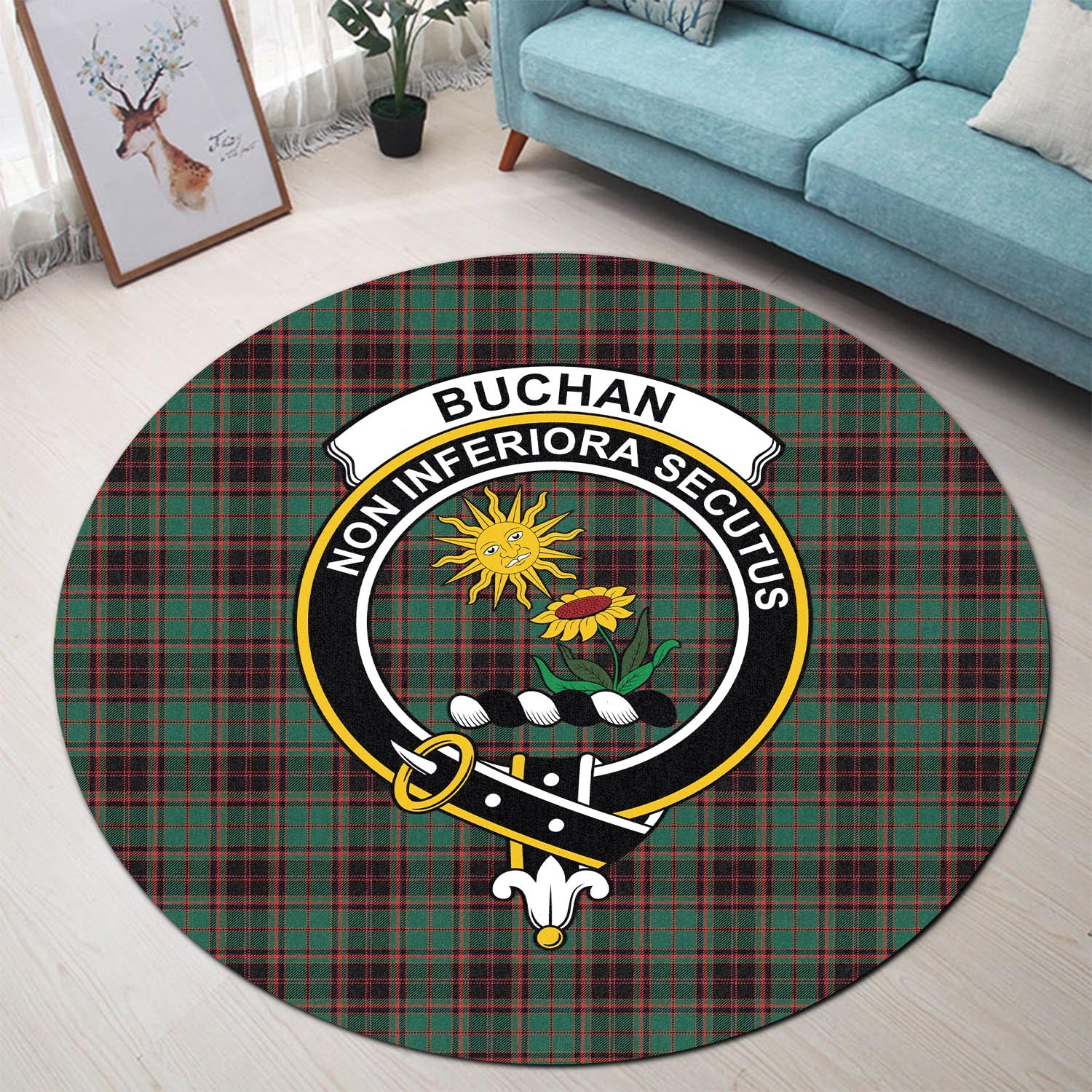 Buchan Ancient Tartan Round Rug with Family Crest - Tartanvibesclothing