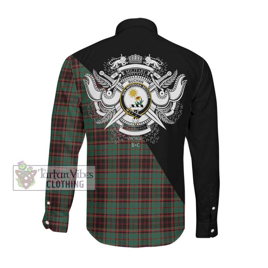 Buchan Ancient Tartan Long Sleeve Button Shirt with Family Crest and Military Logo Style Men's Shirt - Tartanvibesclothing Shop