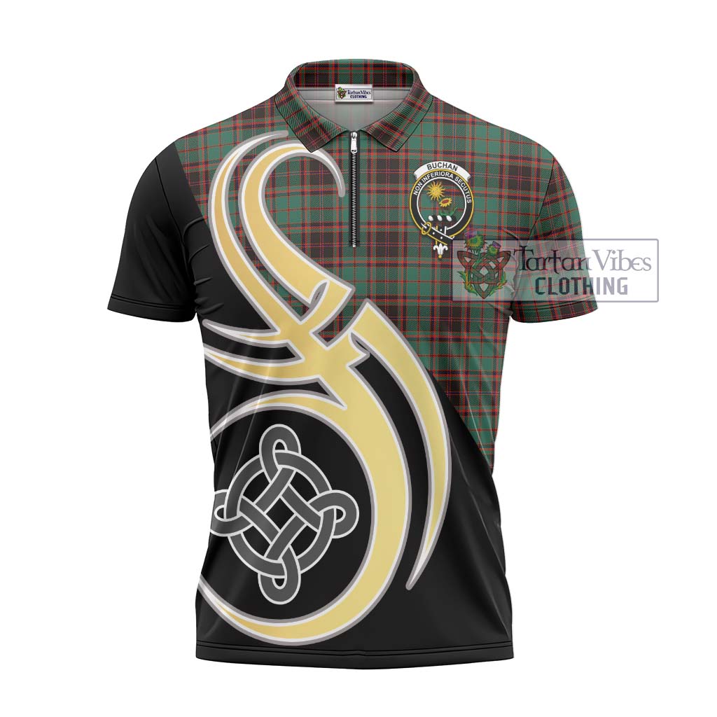 Tartan Vibes Clothing Buchan Ancient Tartan Zipper Polo Shirt with Family Crest and Celtic Symbol Style