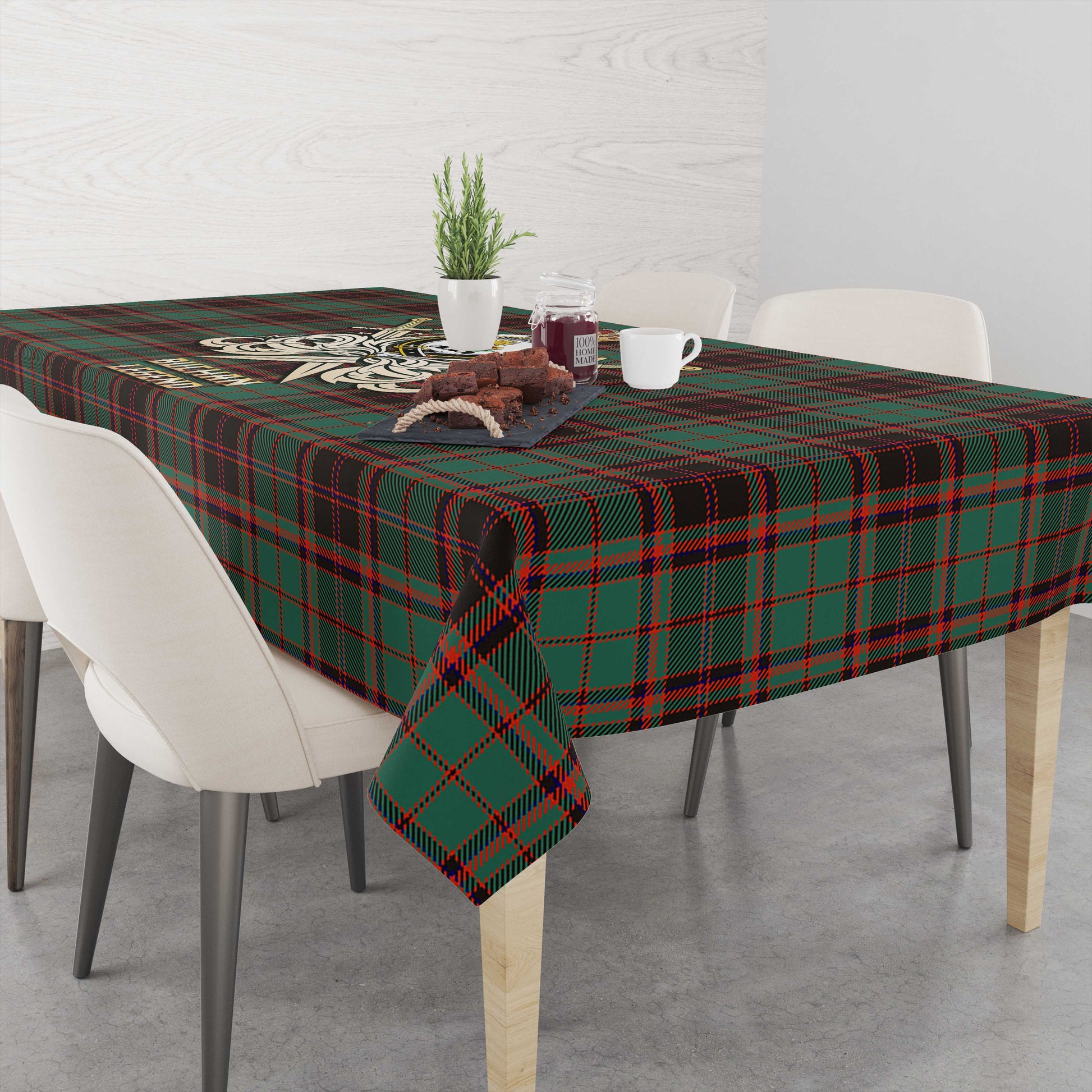 Tartan Vibes Clothing Buchan Ancient Tartan Tablecloth with Clan Crest and the Golden Sword of Courageous Legacy