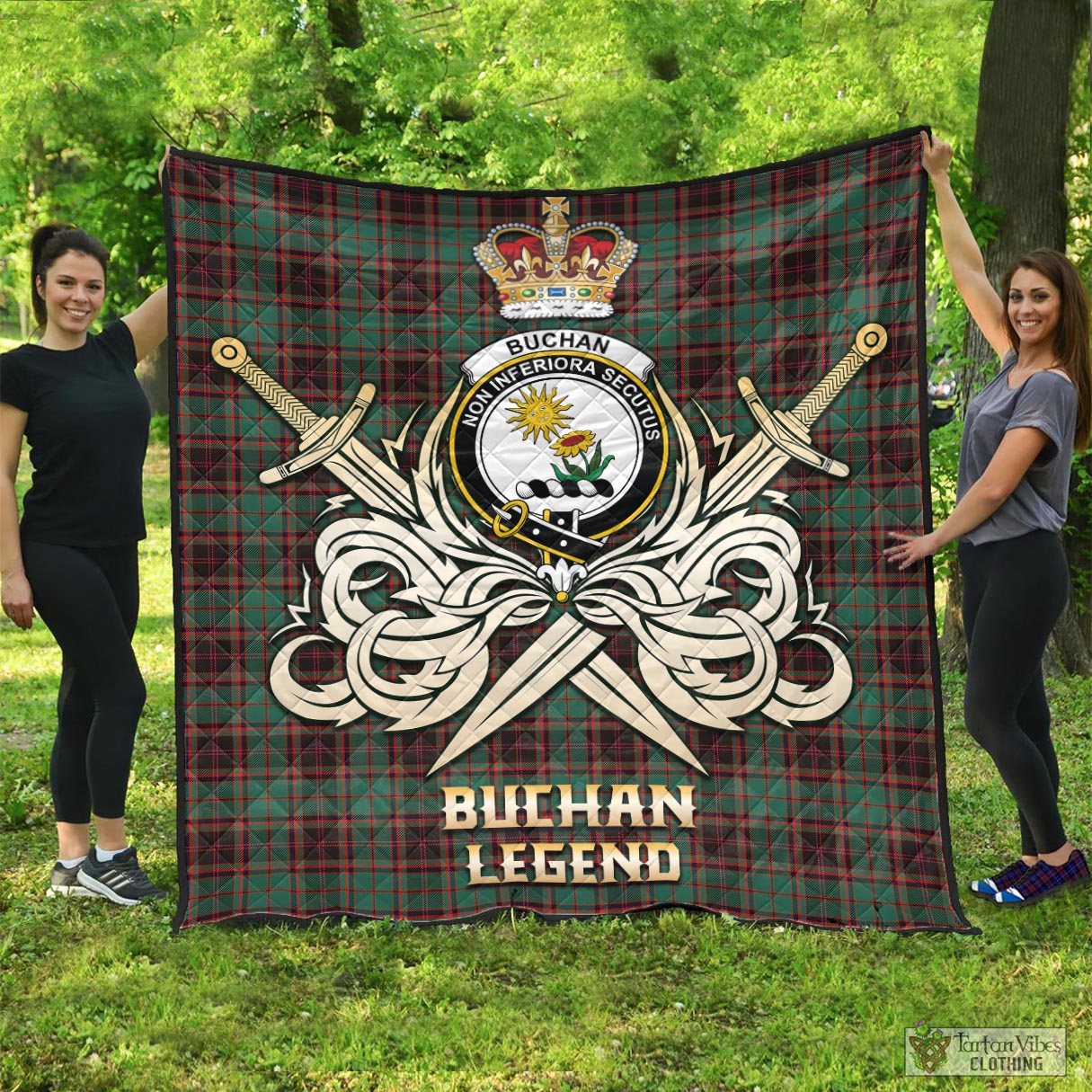 Tartan Vibes Clothing Buchan Ancient Tartan Quilt with Clan Crest and the Golden Sword of Courageous Legacy