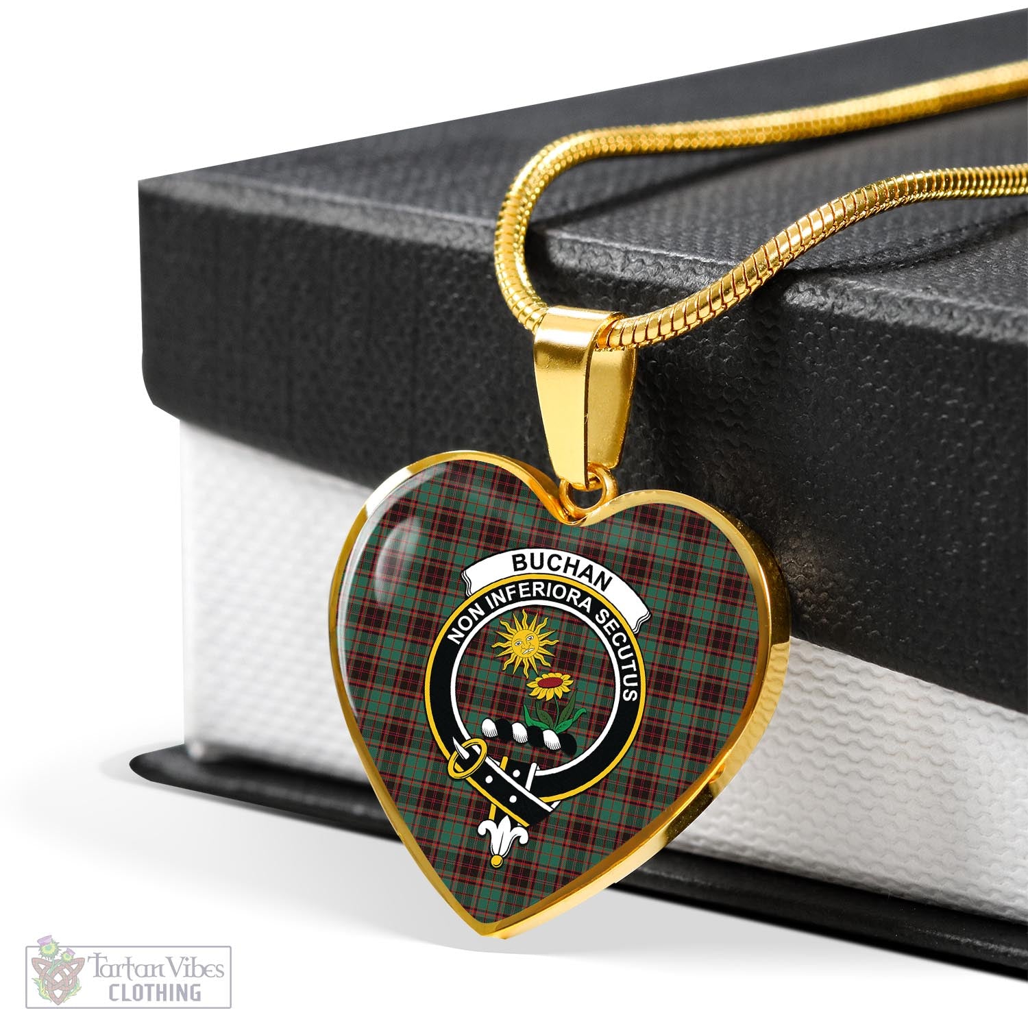 Tartan Vibes Clothing Buchan Ancient Tartan Heart Necklace with Family Crest