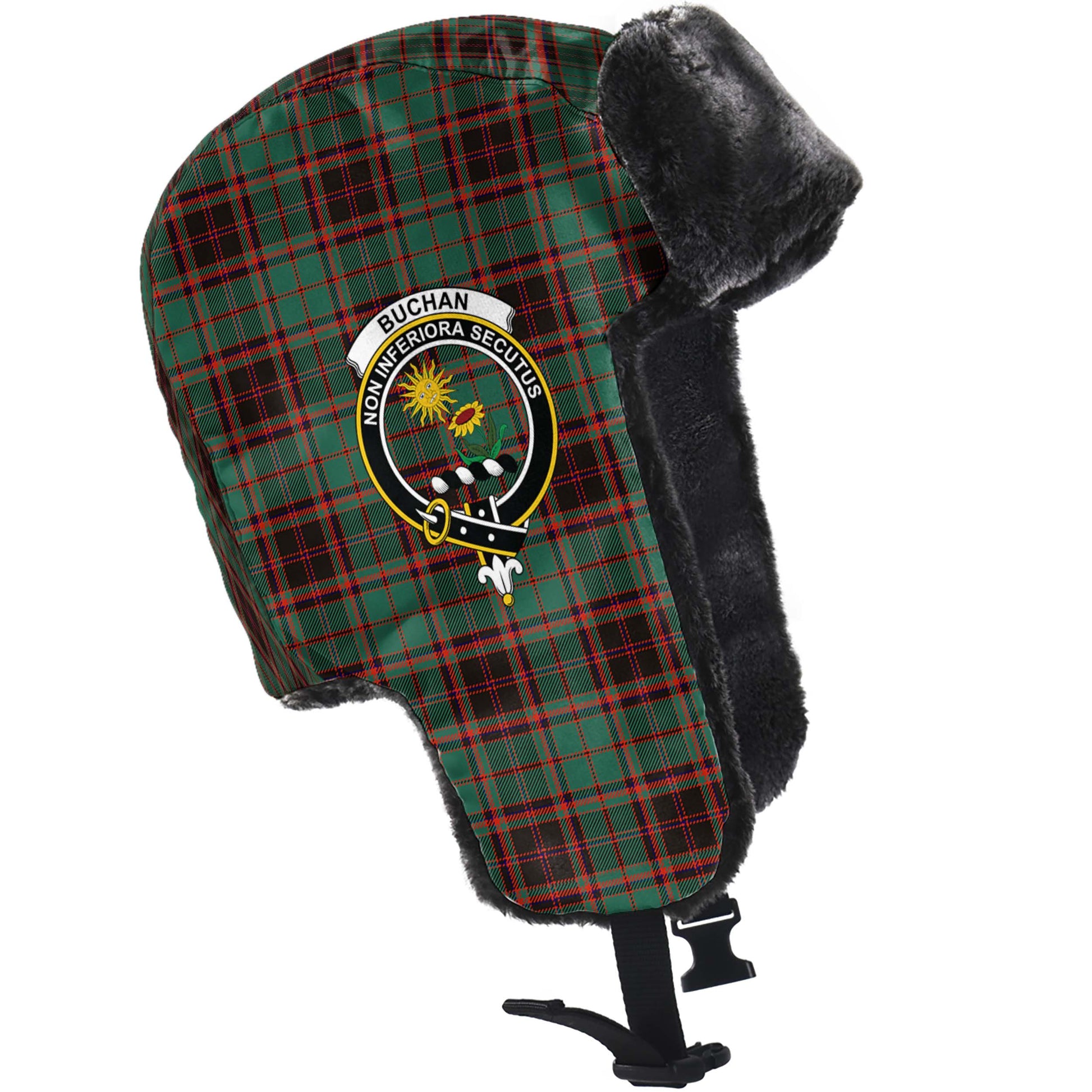 Buchan Ancient Tartan Winter Trapper Hat with Family Crest - Tartanvibesclothing