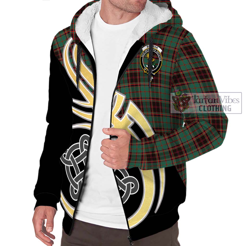 Buchan Ancient Tartan Sherpa Hoodie with Family Crest and Celtic Symbol Style - Tartan Vibes Clothing