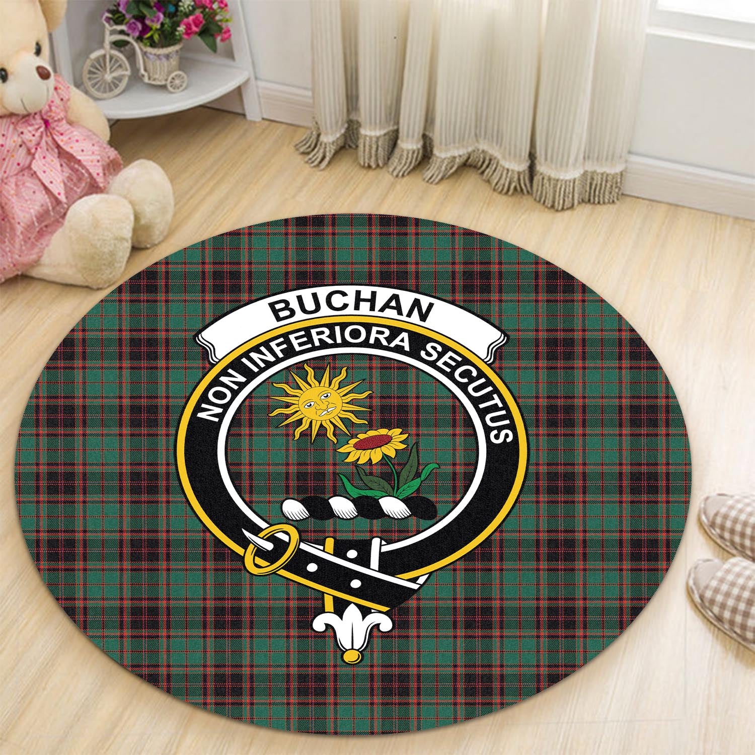 Buchan Ancient Tartan Round Rug with Family Crest - Tartanvibesclothing