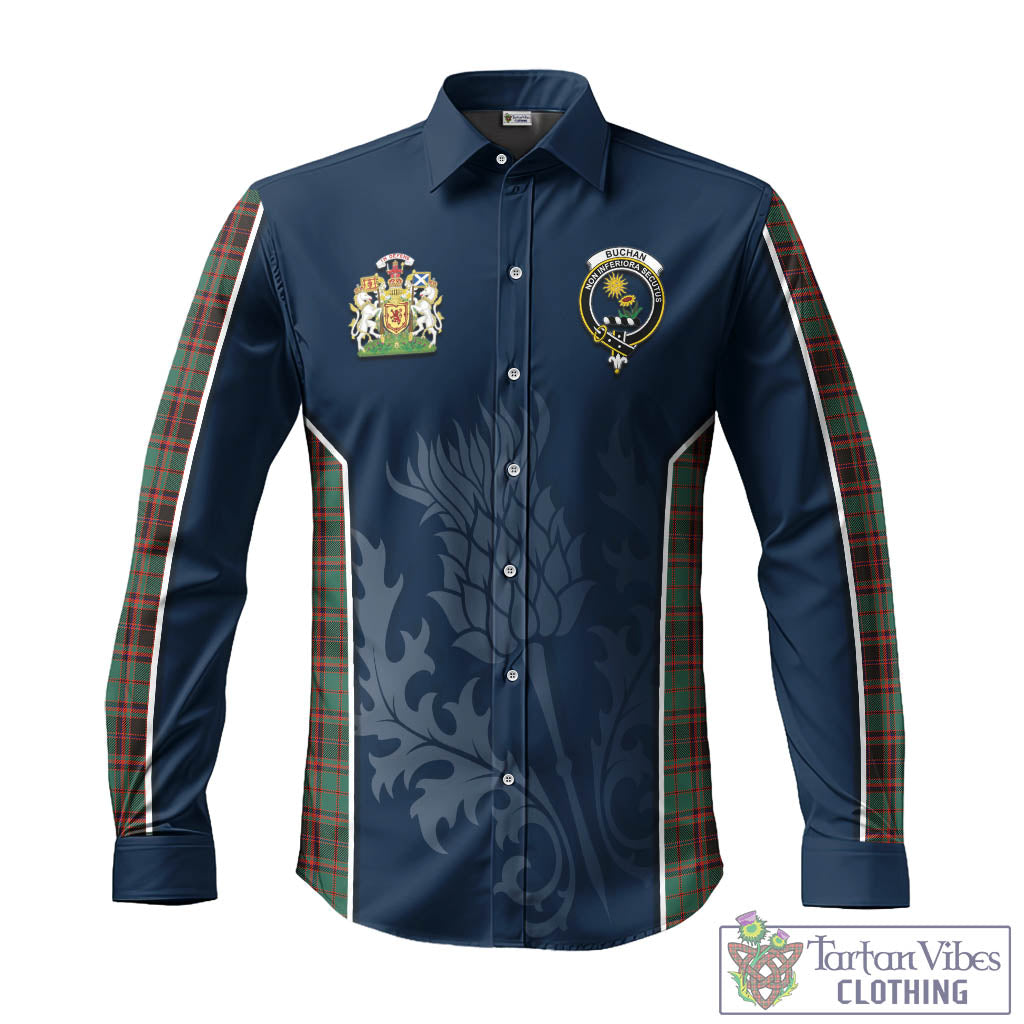 Tartan Vibes Clothing Buchan Ancient Tartan Long Sleeve Button Up Shirt with Family Crest and Scottish Thistle Vibes Sport Style