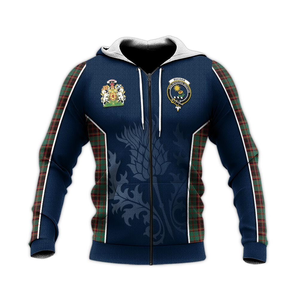 Tartan Vibes Clothing Buchan Ancient Tartan Knitted Hoodie with Family Crest and Scottish Thistle Vibes Sport Style