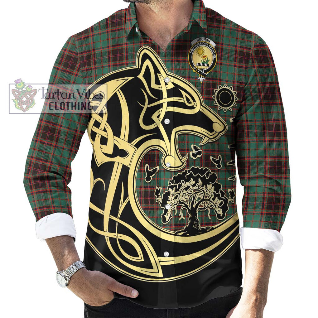 Buchan Ancient Tartan Long Sleeve Button Shirt with Family Crest Celtic Wolf Style - Tartan Vibes Clothing