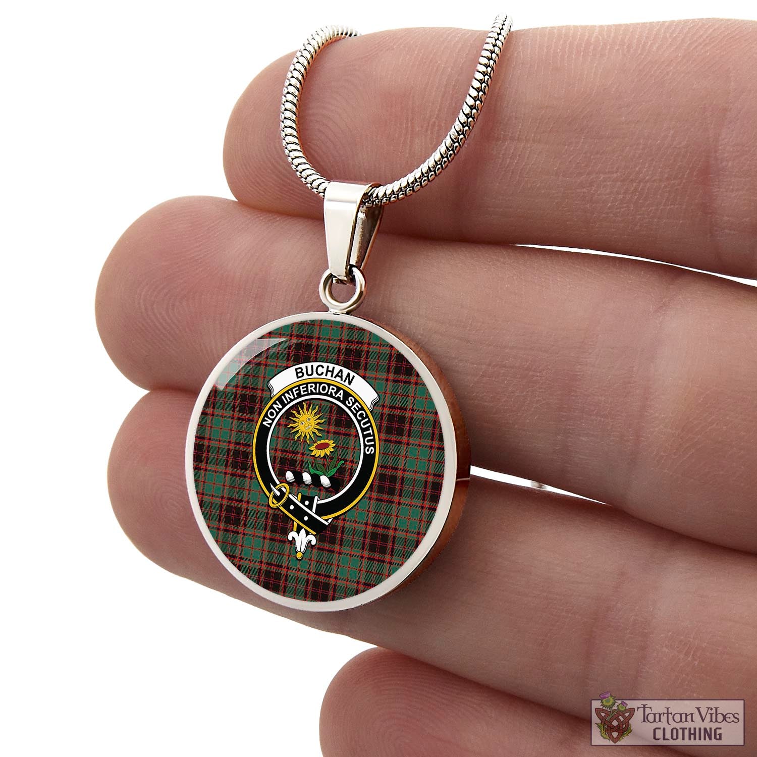 Tartan Vibes Clothing Buchan Ancient Tartan Circle Necklace with Family Crest