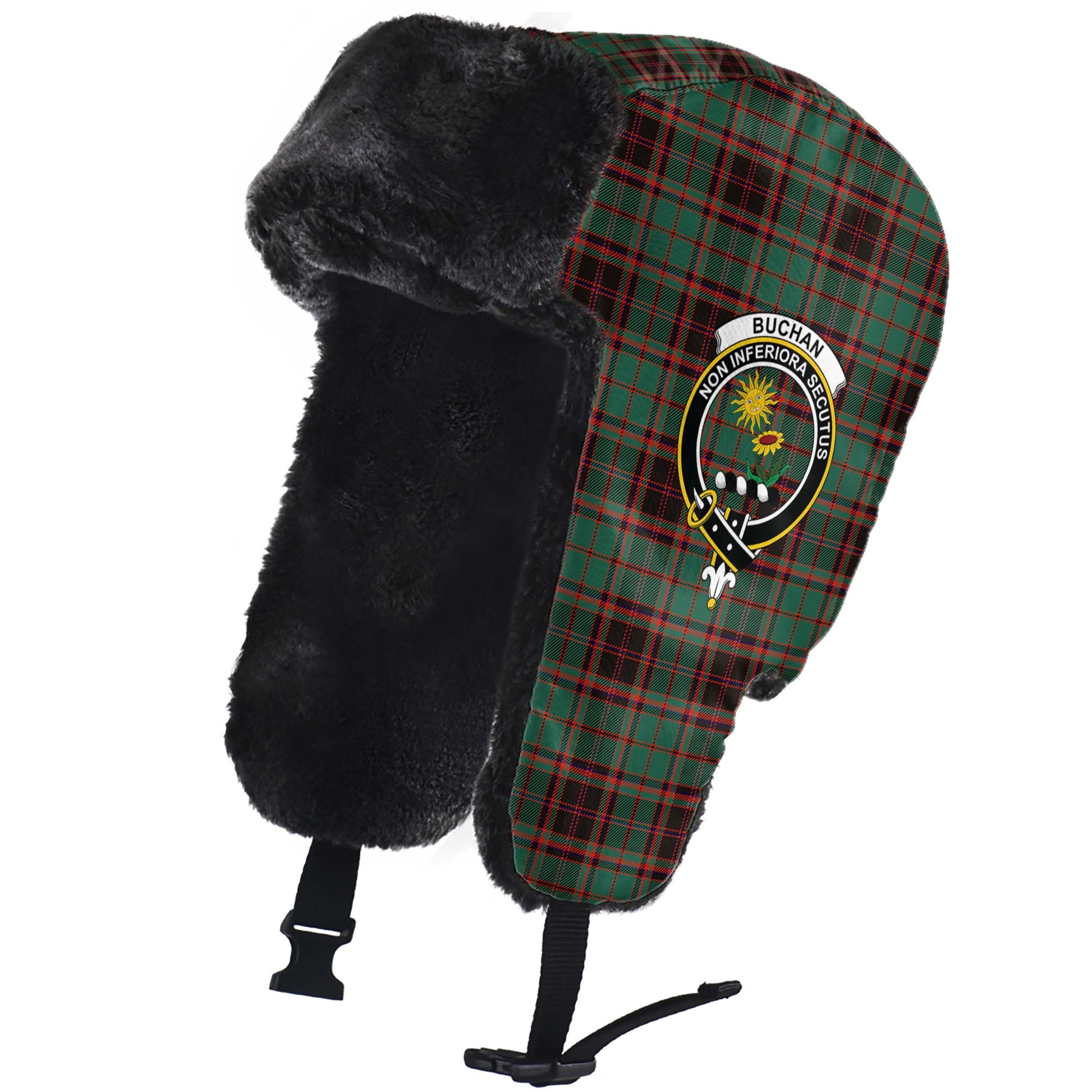 Buchan Ancient Tartan Winter Trapper Hat with Family Crest - Tartanvibesclothing