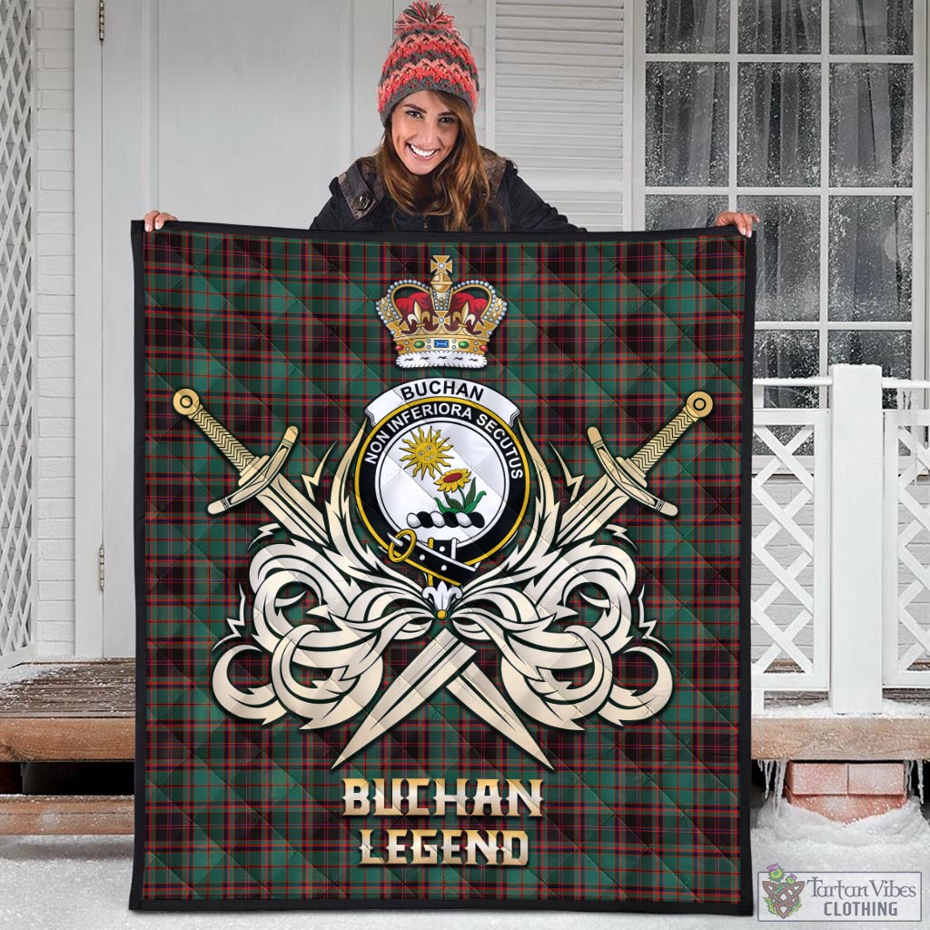 Tartan Vibes Clothing Buchan Ancient Tartan Quilt with Clan Crest and the Golden Sword of Courageous Legacy