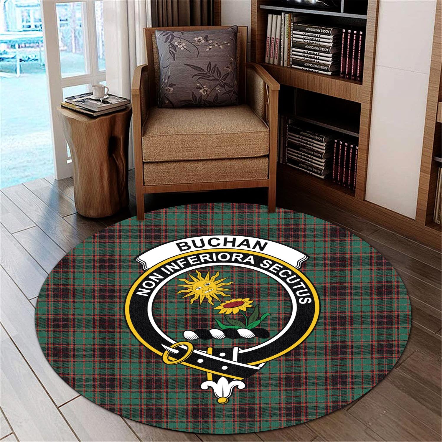 Buchan Ancient Tartan Round Rug with Family Crest - Tartanvibesclothing