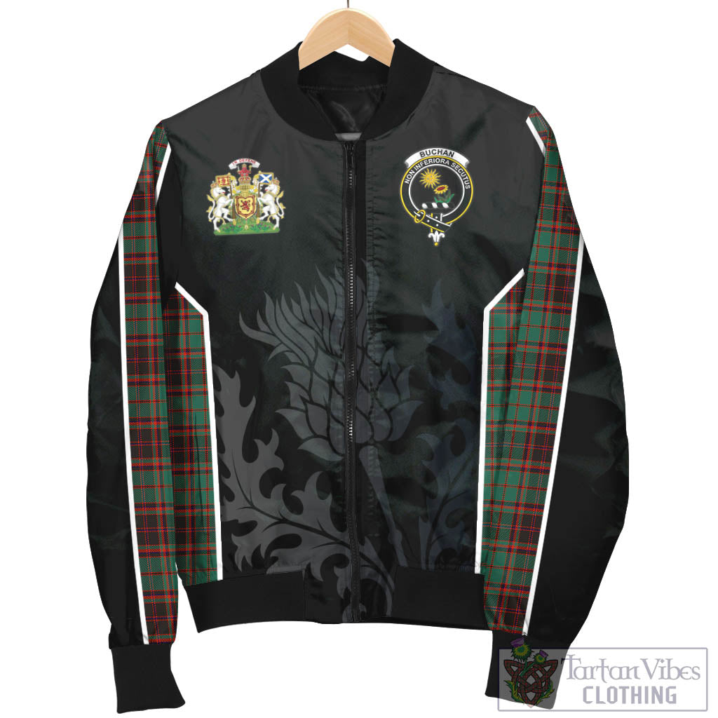 Tartan Vibes Clothing Buchan Ancient Tartan Bomber Jacket with Family Crest and Scottish Thistle Vibes Sport Style