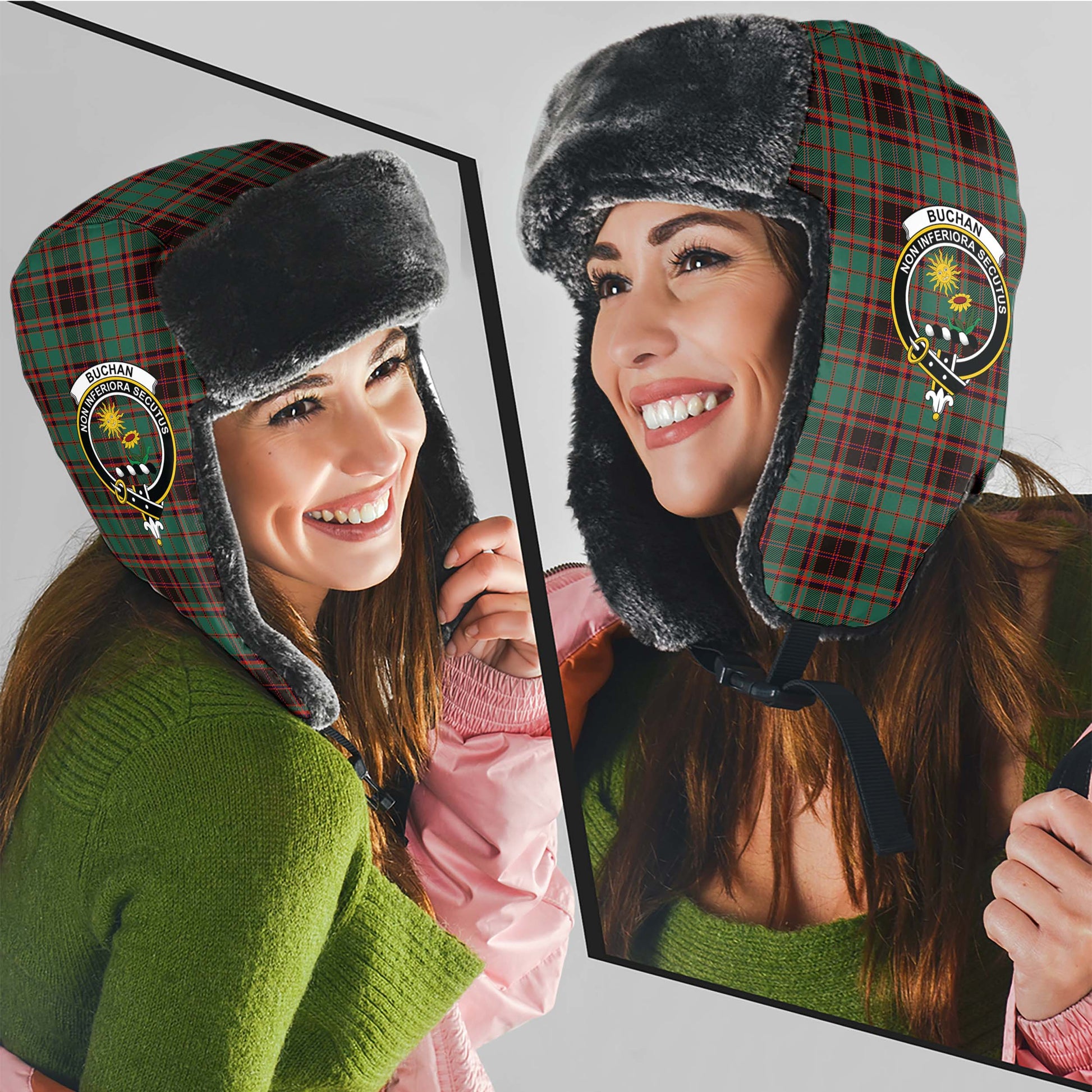 Buchan Ancient Tartan Winter Trapper Hat with Family Crest - Tartanvibesclothing