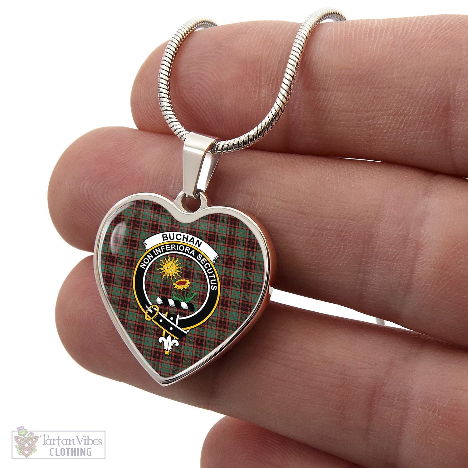 Tartan Vibes Clothing Buchan Ancient Tartan Heart Necklace with Family Crest