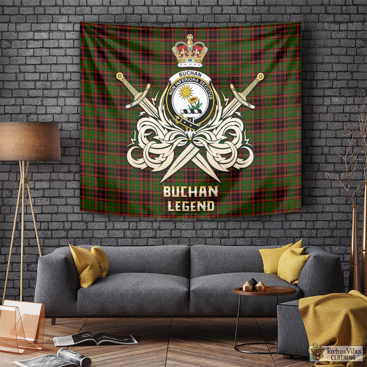 Tartan Vibes Clothing Buchan Modern Tartan Tapestry with Clan Crest and the Golden Sword of Courageous Legacy