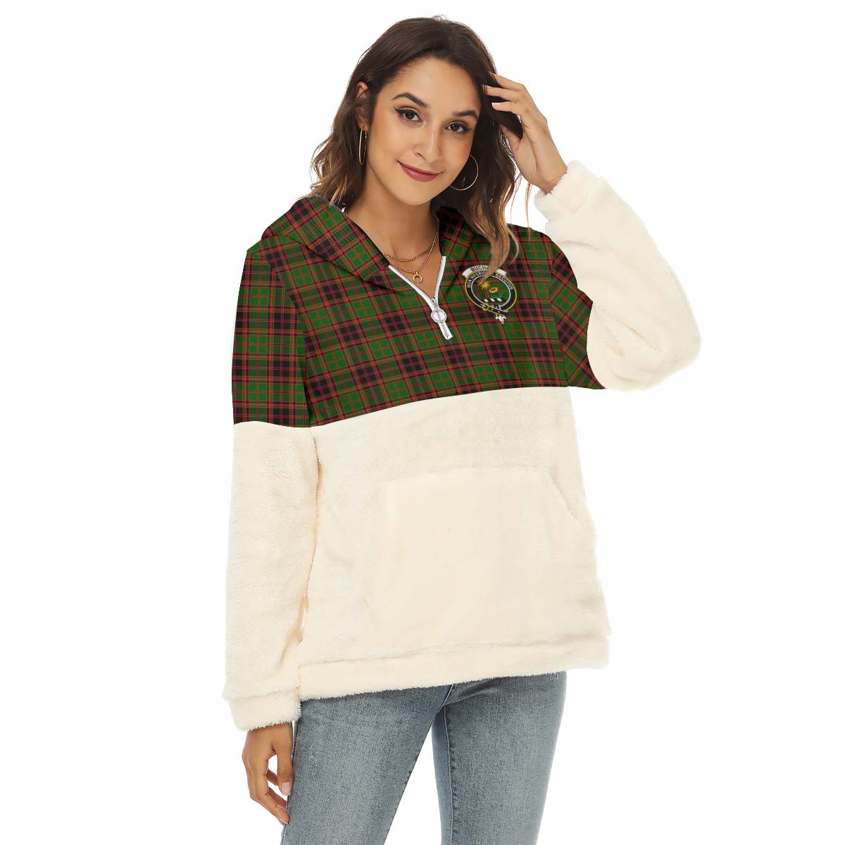 Buchan Tartan Women's Borg Fleece Hoodie With Half Zip with Family Crest Female - Tartan Vibes Clothing