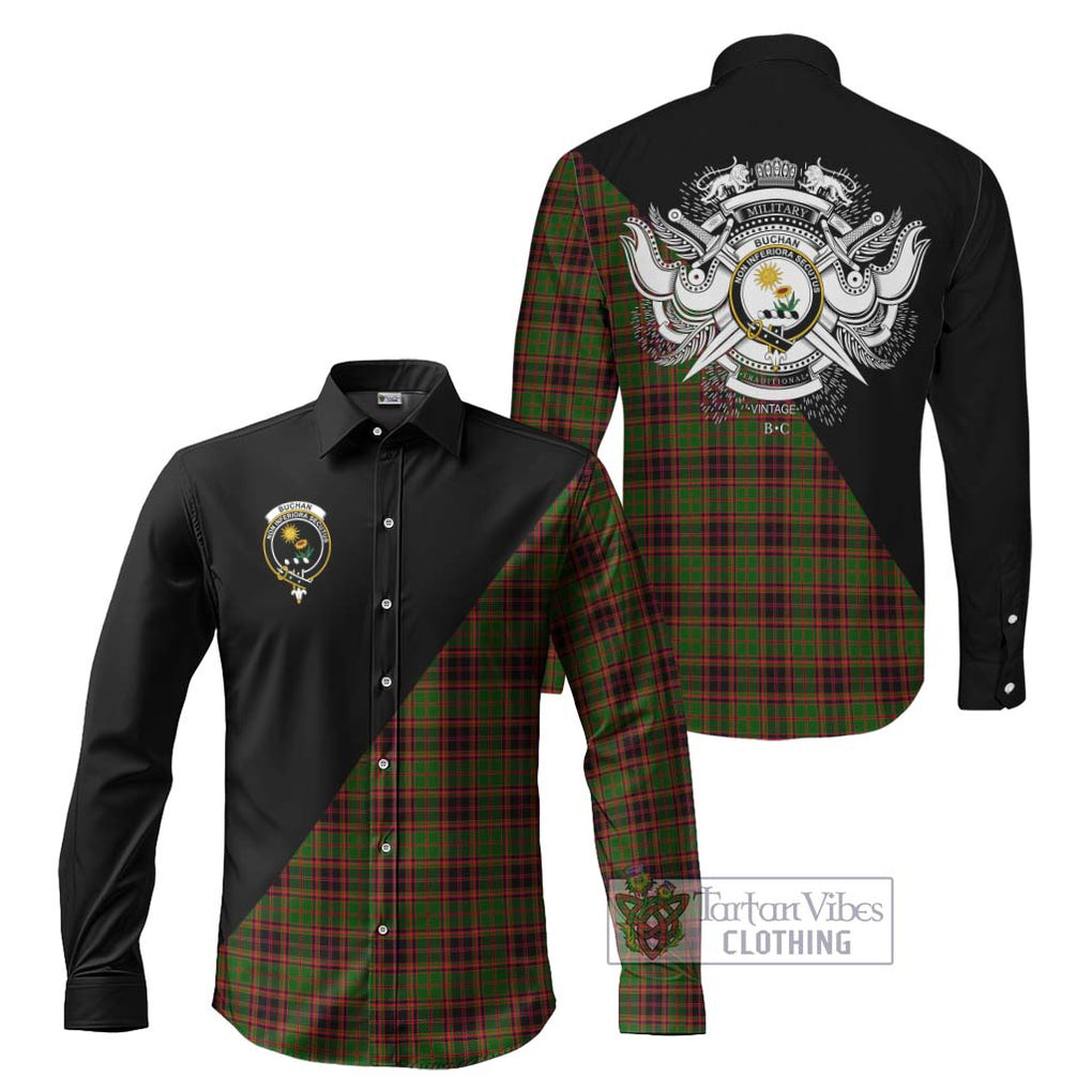 Buchan Tartan Long Sleeve Button Shirt with Family Crest and Military Logo Style Men's Shirt S - Tartanvibesclothing Shop