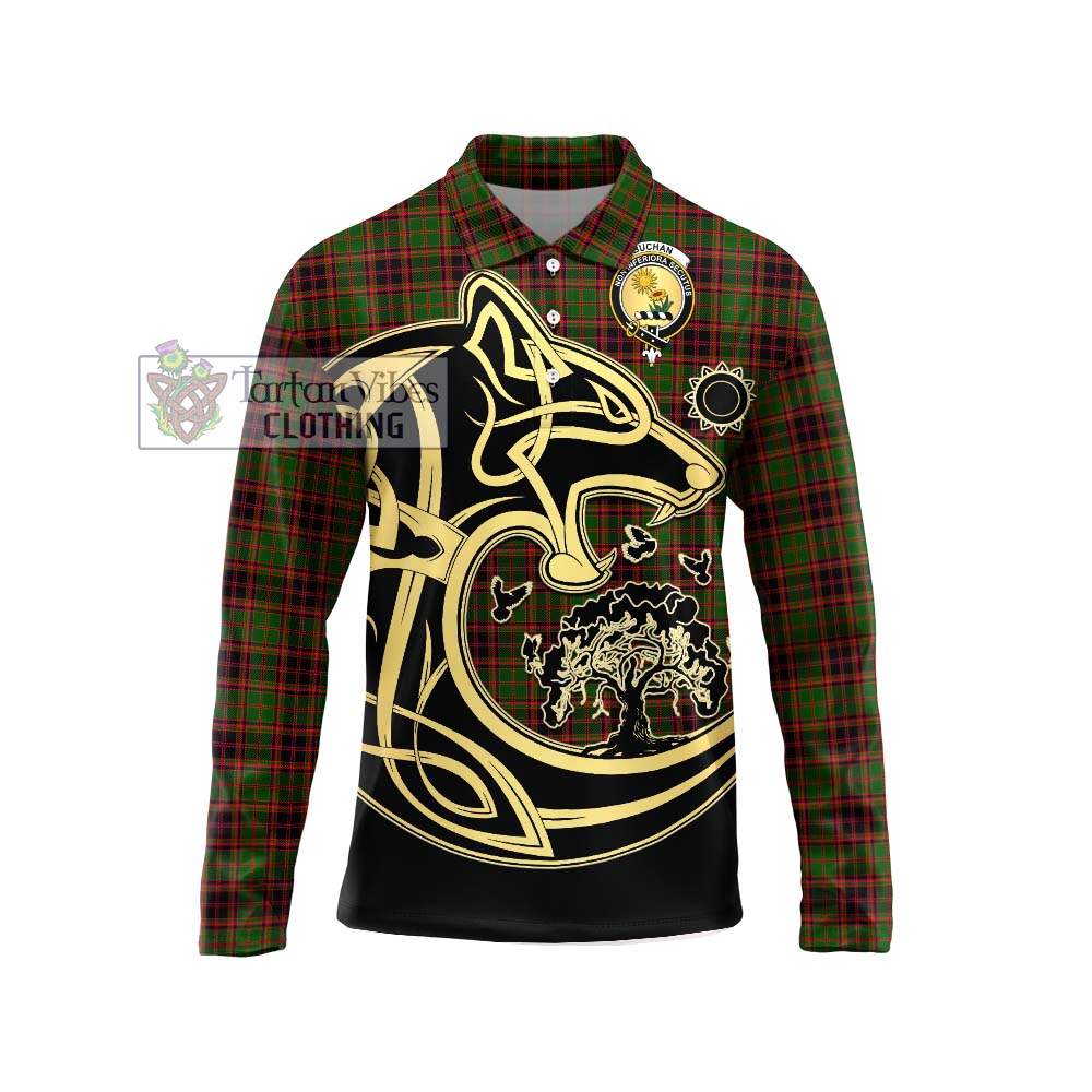 Buchan Tartan Long Sleeve Polo Shirt with Family Crest Celtic Wolf Style Unisex - Tartanvibesclothing Shop