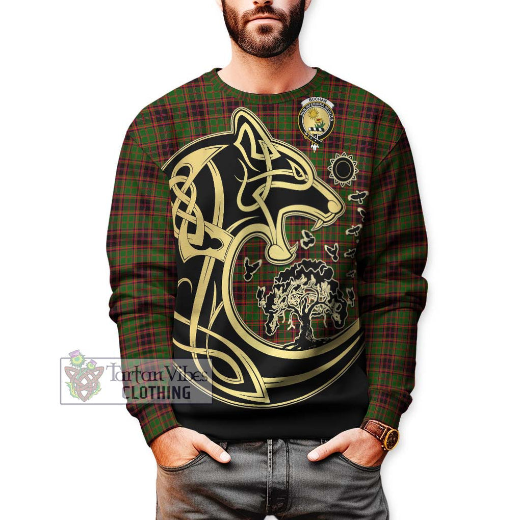 Buchan Tartan Sweatshirt with Family Crest Celtic Wolf Style Unisex - Tartan Vibes Clothing