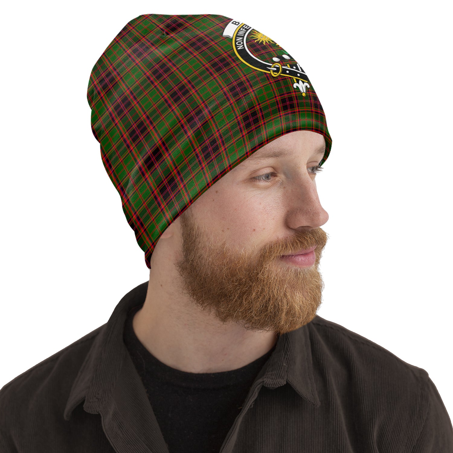 Buchan Modern Tartan Beanies Hat with Family Crest One Size 22 inches 15.5 inches - Tartanvibesclothing