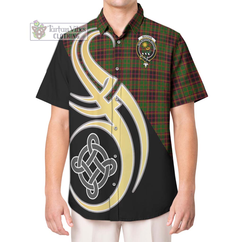 Buchan Tartan Short Sleeve Button Shirt with Family Crest and Celtic Symbol Style Kid - Tartan Vibes Clothing