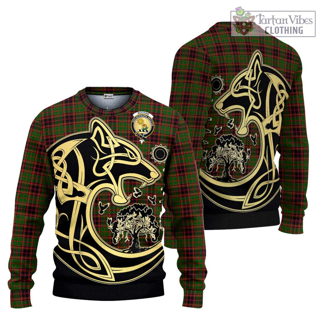 Buchan Tartan Knitted Sweater with Family Crest Celtic Wolf Style Unisex - Tartan Vibes Clothing