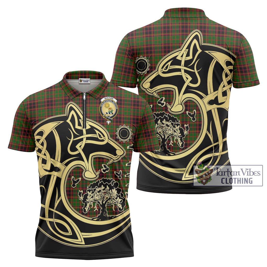 Buchan Tartan Zipper Polo Shirt with Family Crest Celtic Wolf Style Unisex - Tartanvibesclothing Shop