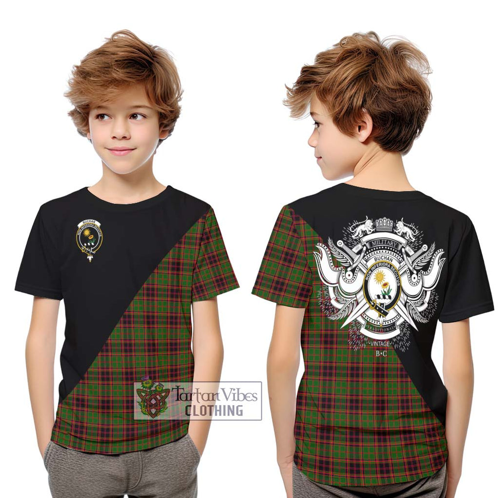 Buchan Tartan Kid T-Shirt with Family Crest and Military Logo Style Youth XL Size14 - Tartanvibesclothing Shop