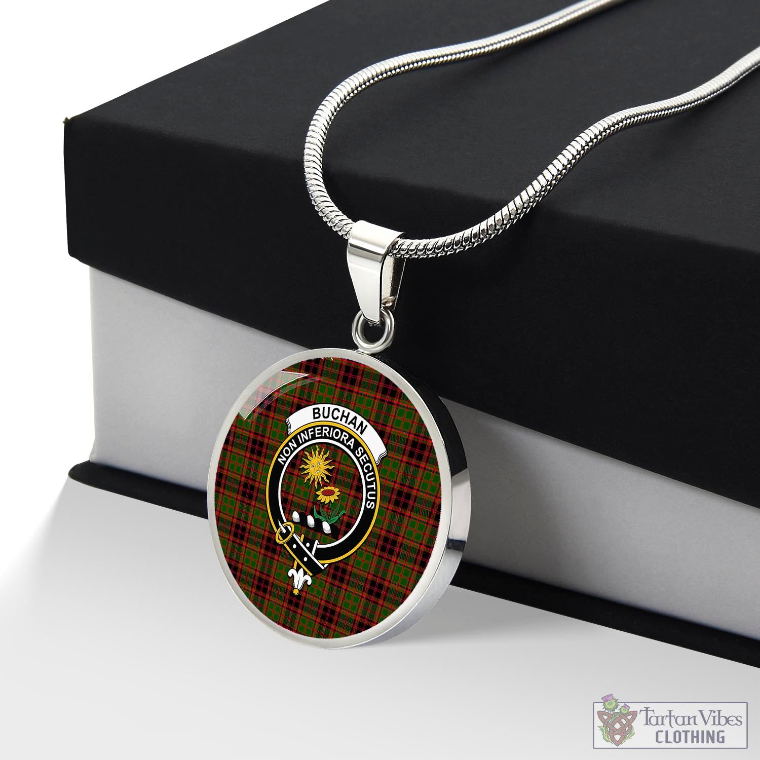 Tartan Vibes Clothing Buchan Modern Tartan Circle Necklace with Family Crest