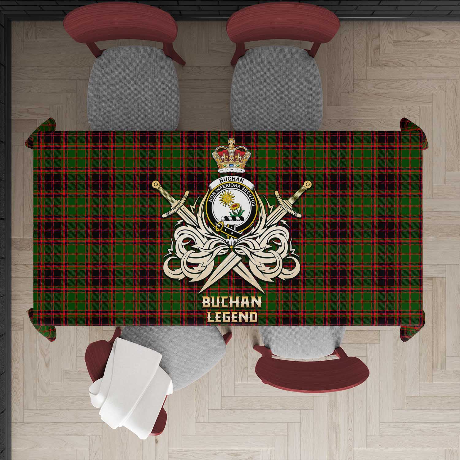 Tartan Vibes Clothing Buchan Modern Tartan Tablecloth with Clan Crest and the Golden Sword of Courageous Legacy