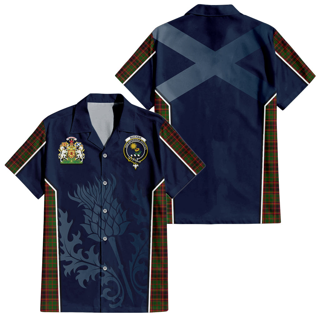 Tartan Vibes Clothing Buchan Modern Tartan Short Sleeve Button Up Shirt with Family Crest and Scottish Thistle Vibes Sport Style