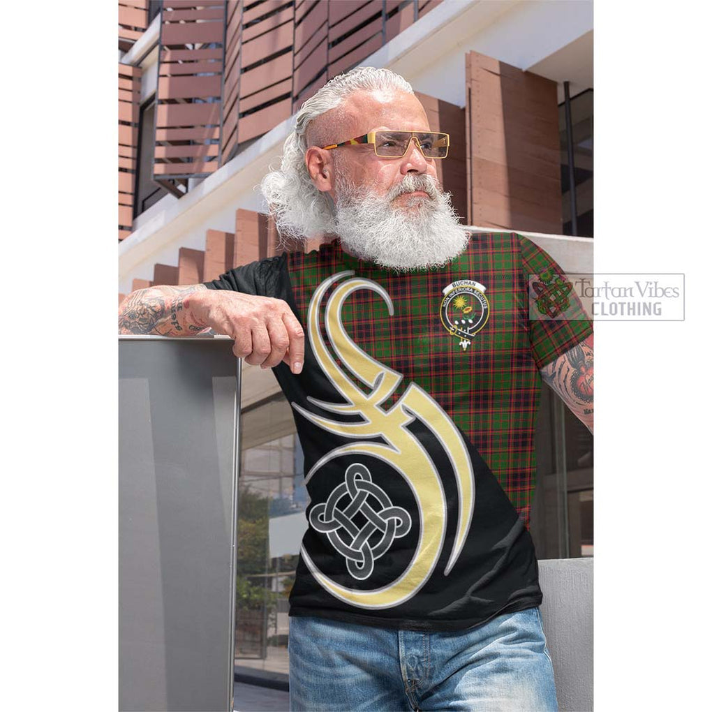 Tartan Vibes Clothing Buchan Modern Tartan Cotton T-shirt with Family Crest and Celtic Symbol Style