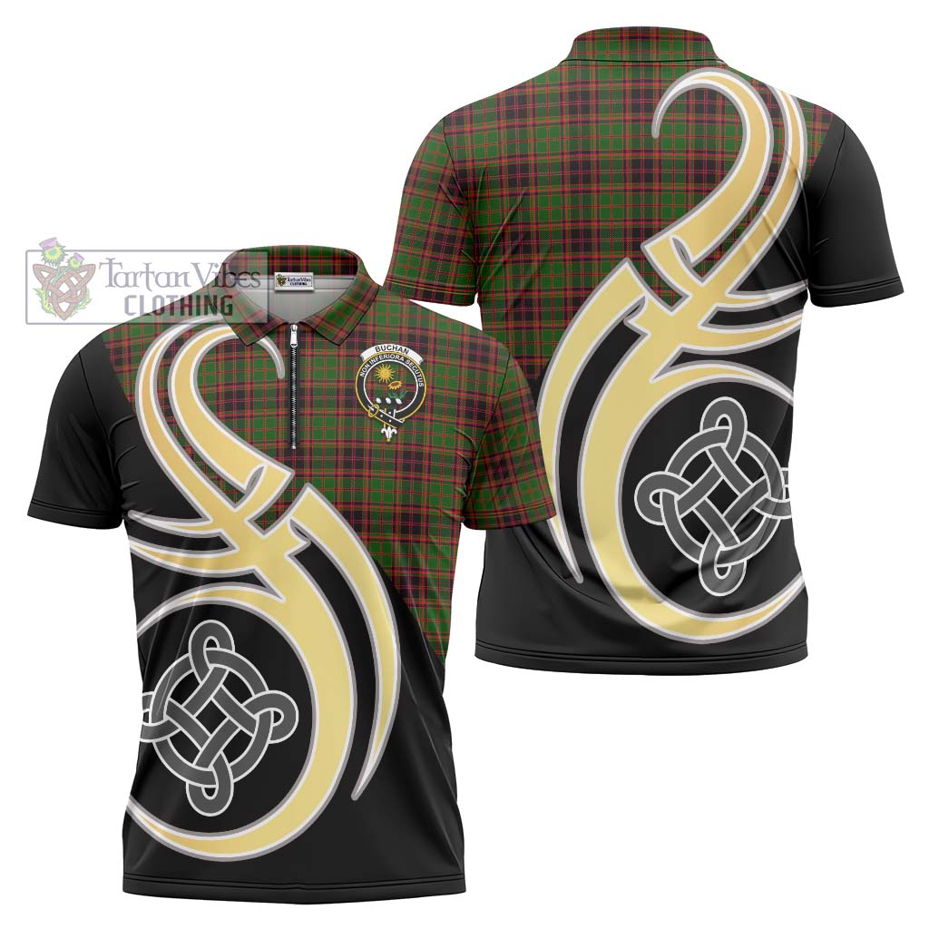 Tartan Vibes Clothing Buchan Modern Tartan Zipper Polo Shirt with Family Crest and Celtic Symbol Style