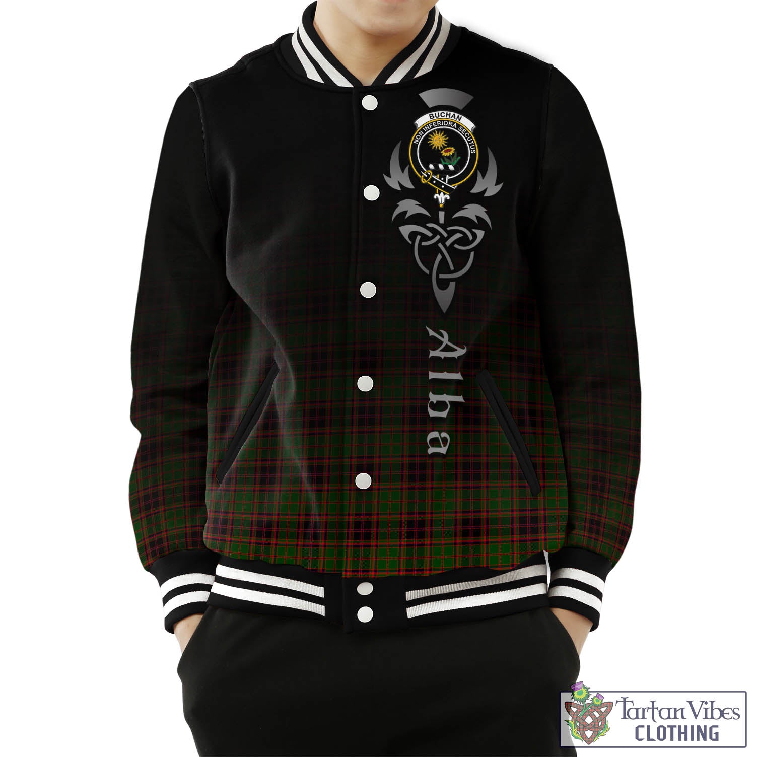 Tartan Vibes Clothing Buchan Modern Tartan Baseball Jacket Featuring Alba Gu Brath Family Crest Celtic Inspired