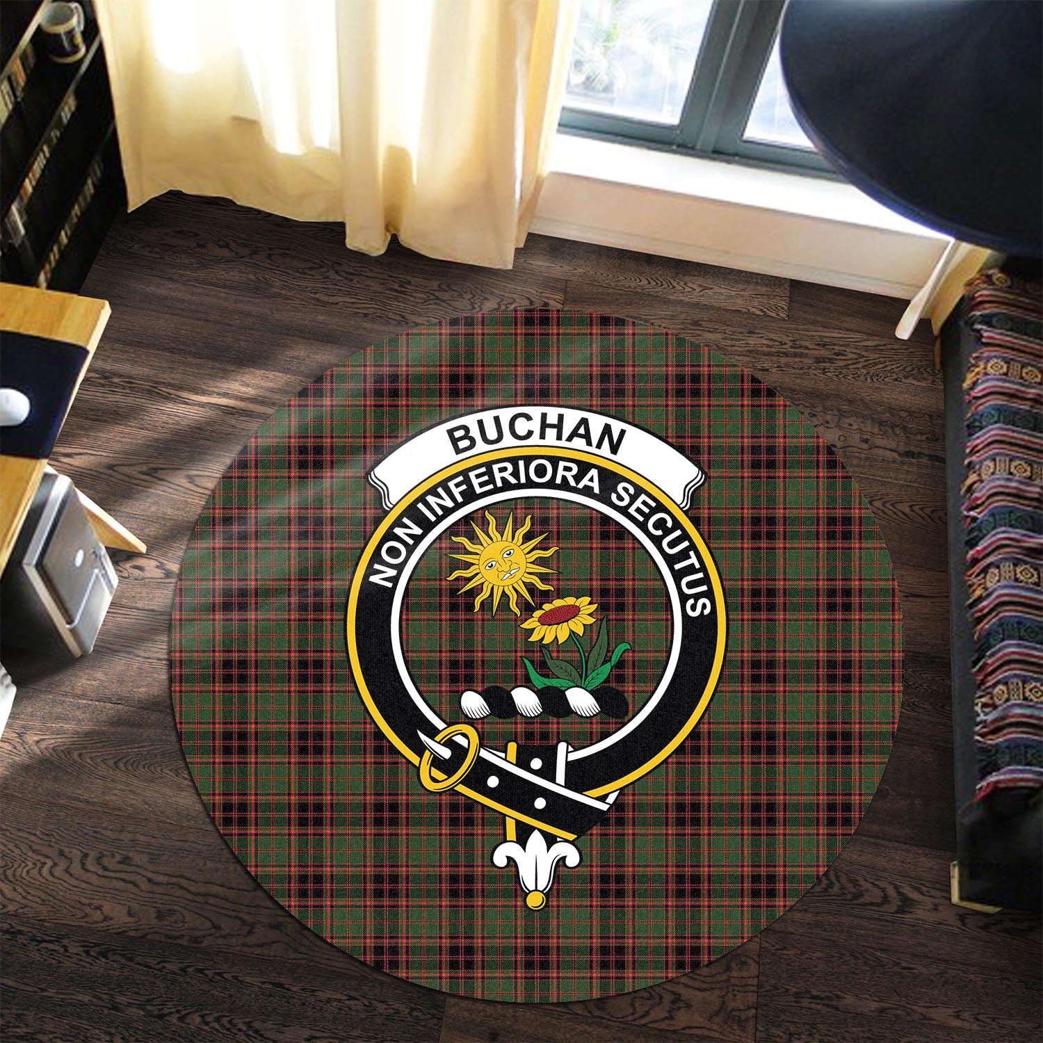 Buchan Modern Tartan Round Rug with Family Crest - Tartanvibesclothing