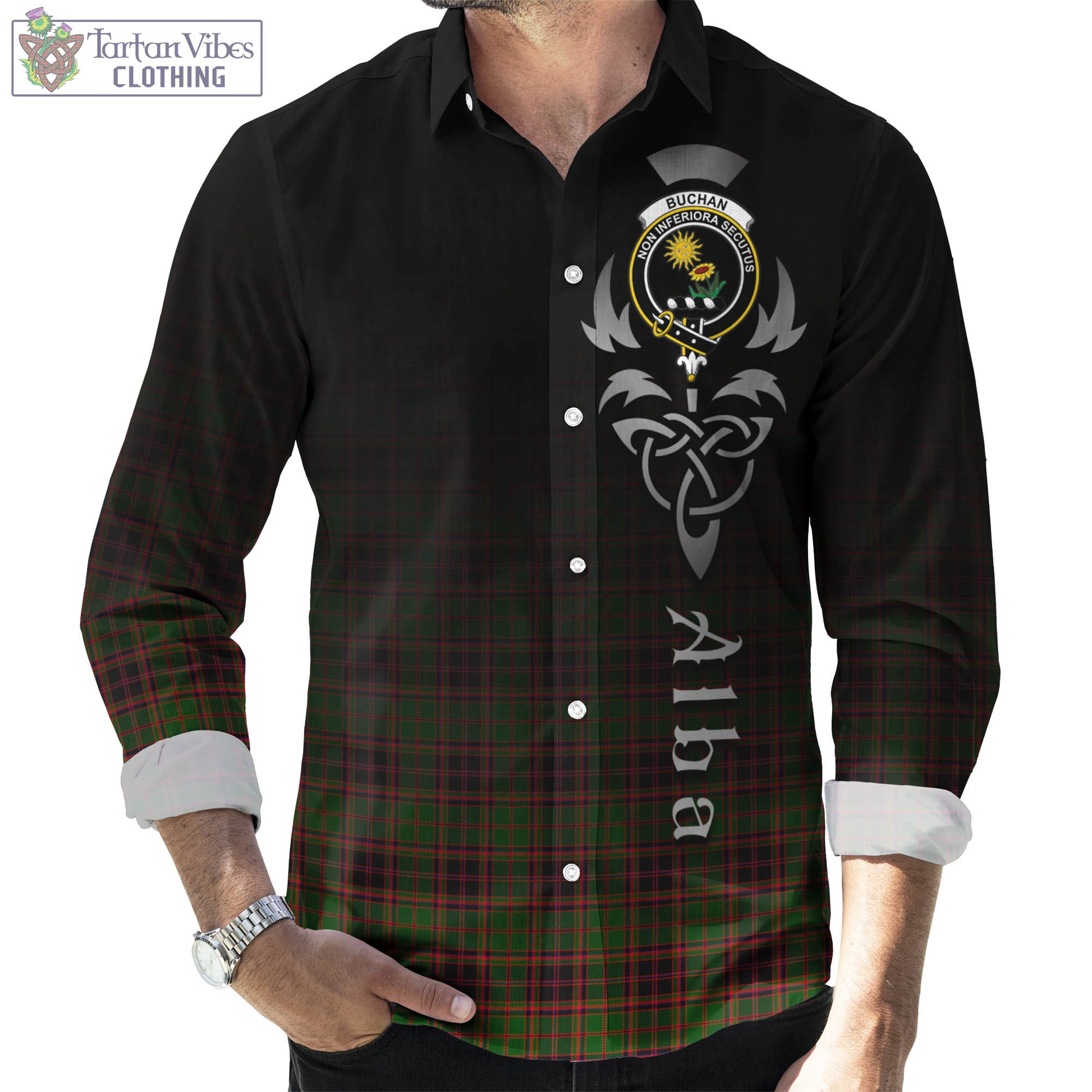 Tartan Vibes Clothing Buchan Modern Tartan Long Sleeve Button Up Featuring Alba Gu Brath Family Crest Celtic Inspired