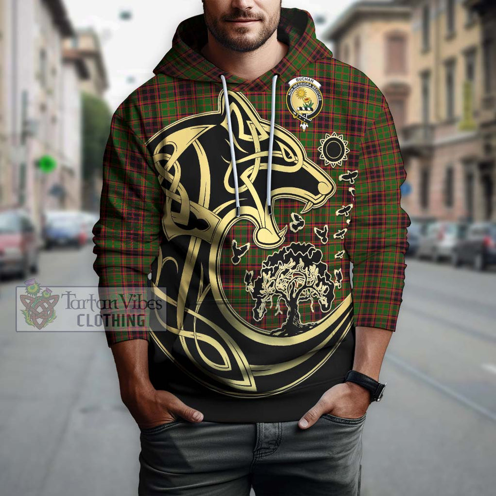 Buchan Tartan Hoodie with Family Crest Celtic Wolf Style Zip Hoodie - Tartan Vibes Clothing