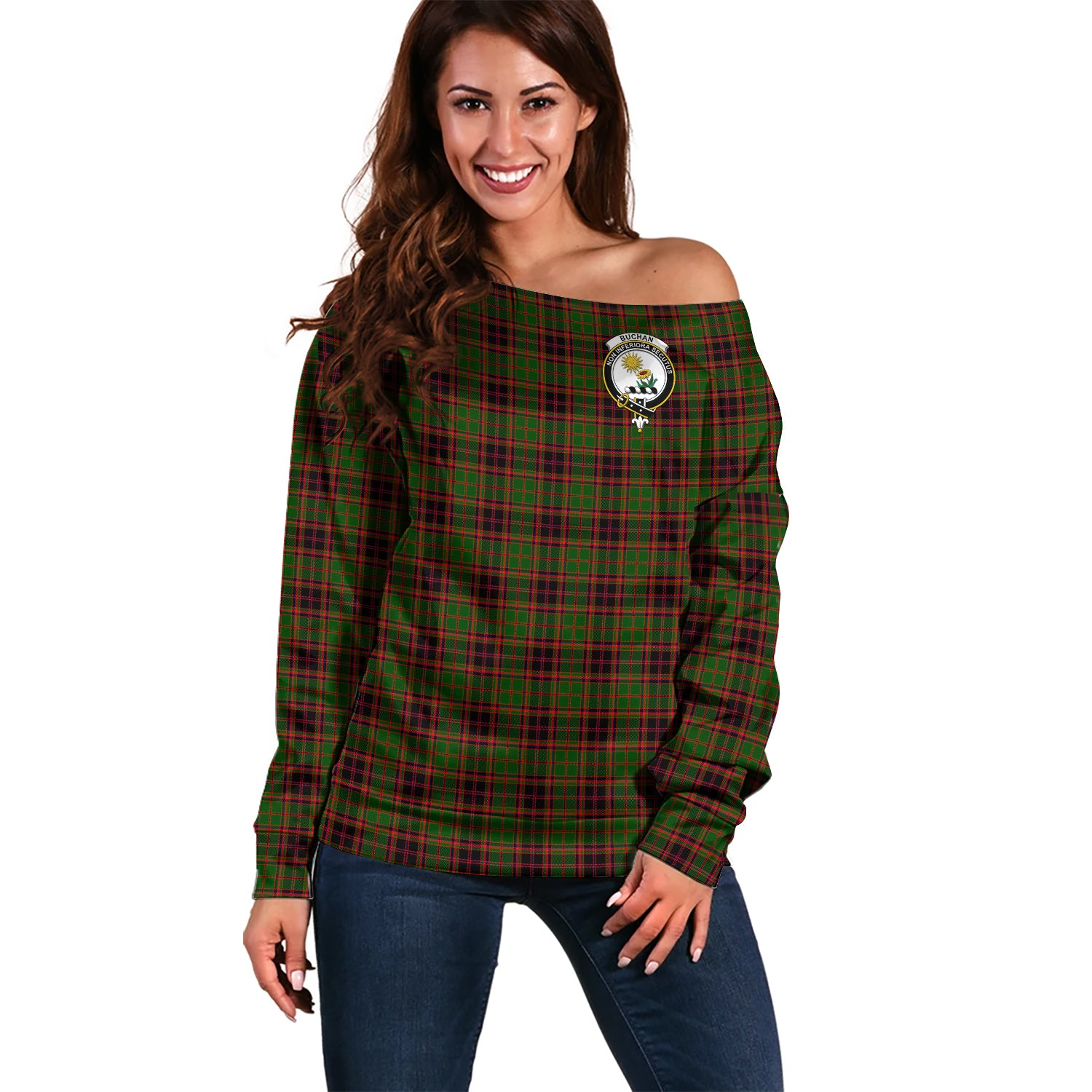 Buchan Modern Tartan Off Shoulder Women Sweater with Family Crest Women - Tartanvibesclothing