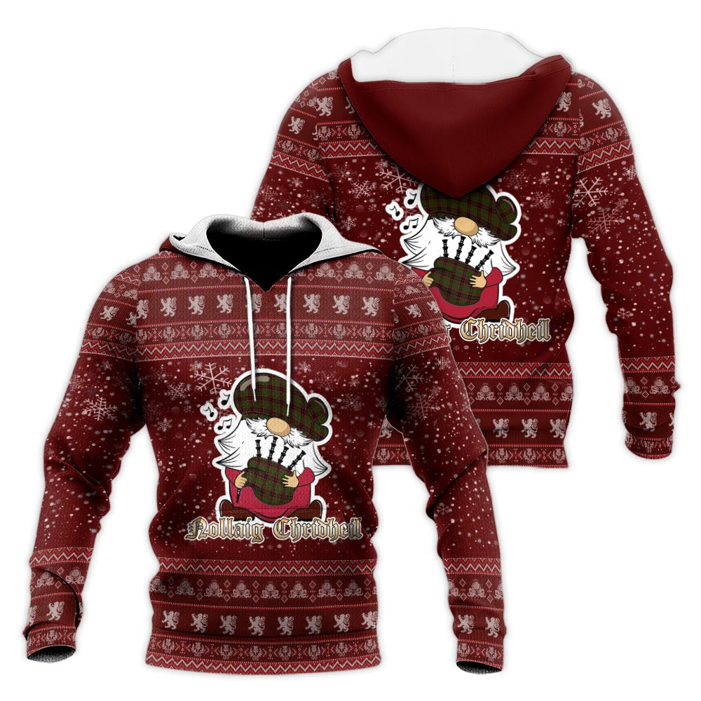 Buchan Modern Clan Christmas Knitted Hoodie with Funny Gnome Playing Bagpipes Red - Tartanvibesclothing