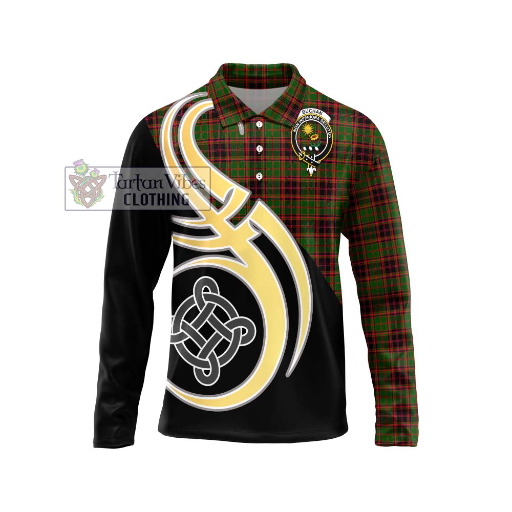 Buchan Tartan Long Sleeve Polo Shirt with Family Crest and Celtic Symbol Style Unisex - Tartan Vibes Clothing