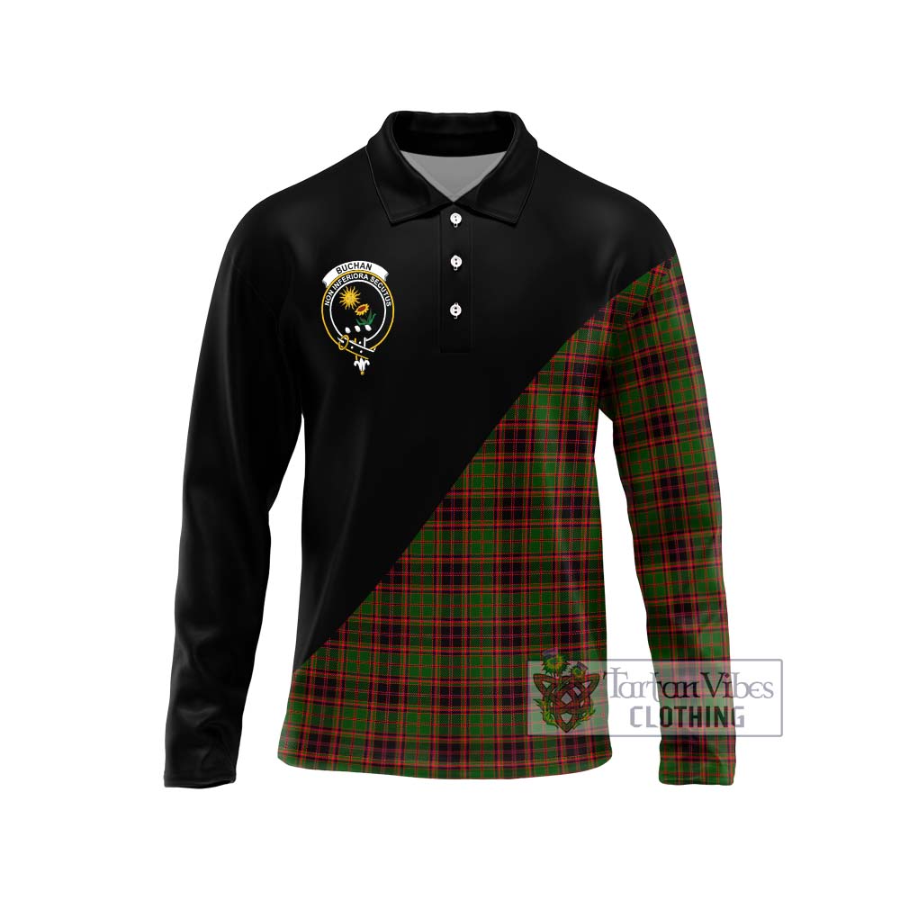 Buchan Tartan Long Sleeve Polo Shirt with Family Crest and Military Logo Style Unisex - Tartanvibesclothing Shop