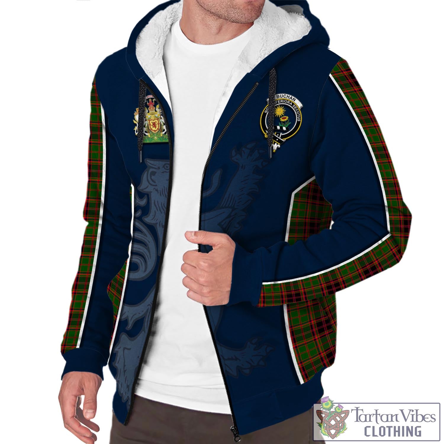 Tartan Vibes Clothing Buchan Modern Tartan Sherpa Hoodie with Family Crest and Lion Rampant Vibes Sport Style