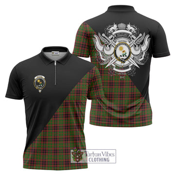 Buchan Tartan Zipper Polo Shirt with Family Crest and Military Logo Style